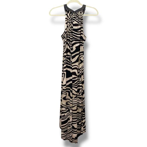 Y2K Brown Zebra Print Flowy Leather Buckle Halter Neck Maxi Dress - Picture 4 of 15